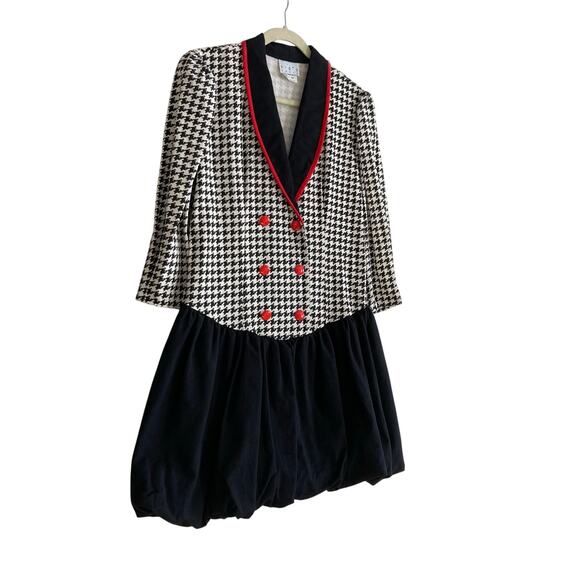 Vintage 80s Black White Houndstooth Double Breasted Bubble Hem Dress Sz Medium - Picture 4 of 16